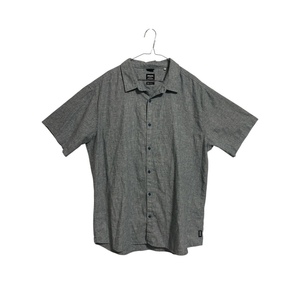 prAna Button Down Shirt Mens XXL Gray Slim Fit Short Sleeve Textured Linen Blend
